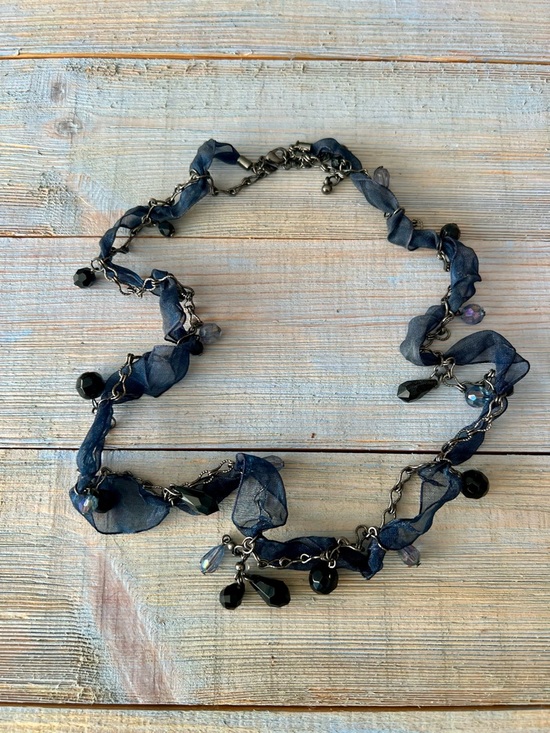 Cookie Lee Jewelry - Cookie Lee Navy Ribbon Gunmetal Chain Crystal Dangle Beaded Necklace